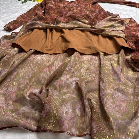 Marchesa Notte Floral Chiffon Asymmetrical Ruffle Dress in Rust Womens 8 - Picture 11 of 16